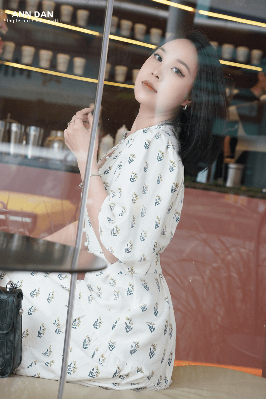 Đầm thô cotton cổ tàu họa tiết lá kèm đai