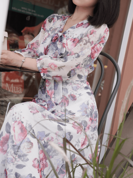 Đầm lụa tơ xước hoa xanh nơ cổ