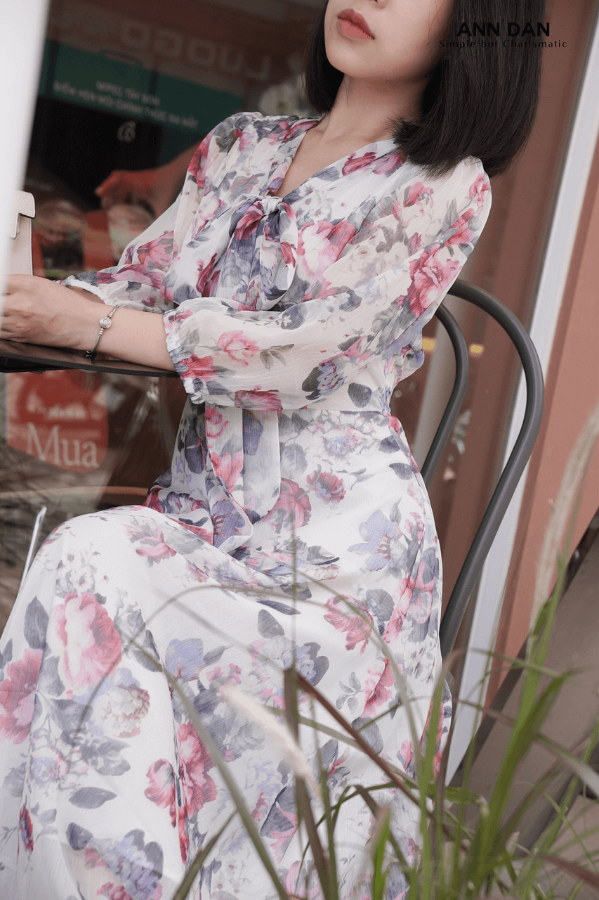 Đầm lụa tơ xước hoa xanh nơ cổ