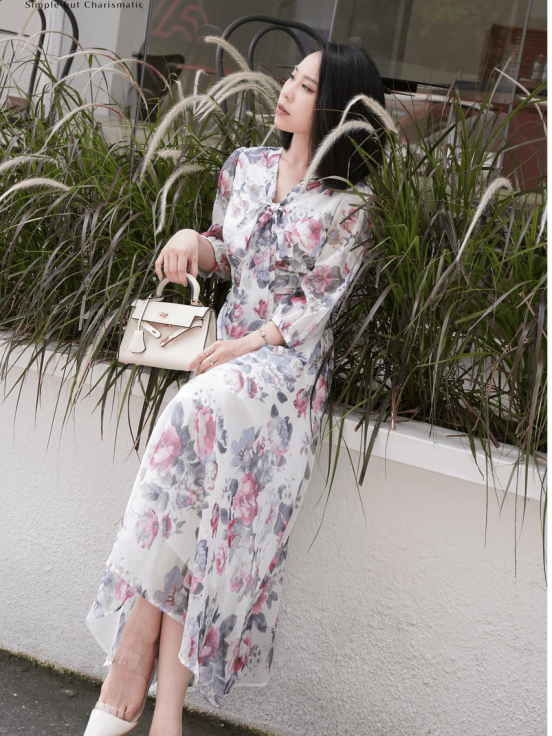 Đầm lụa tơ xước hoa xanh nơ cổ