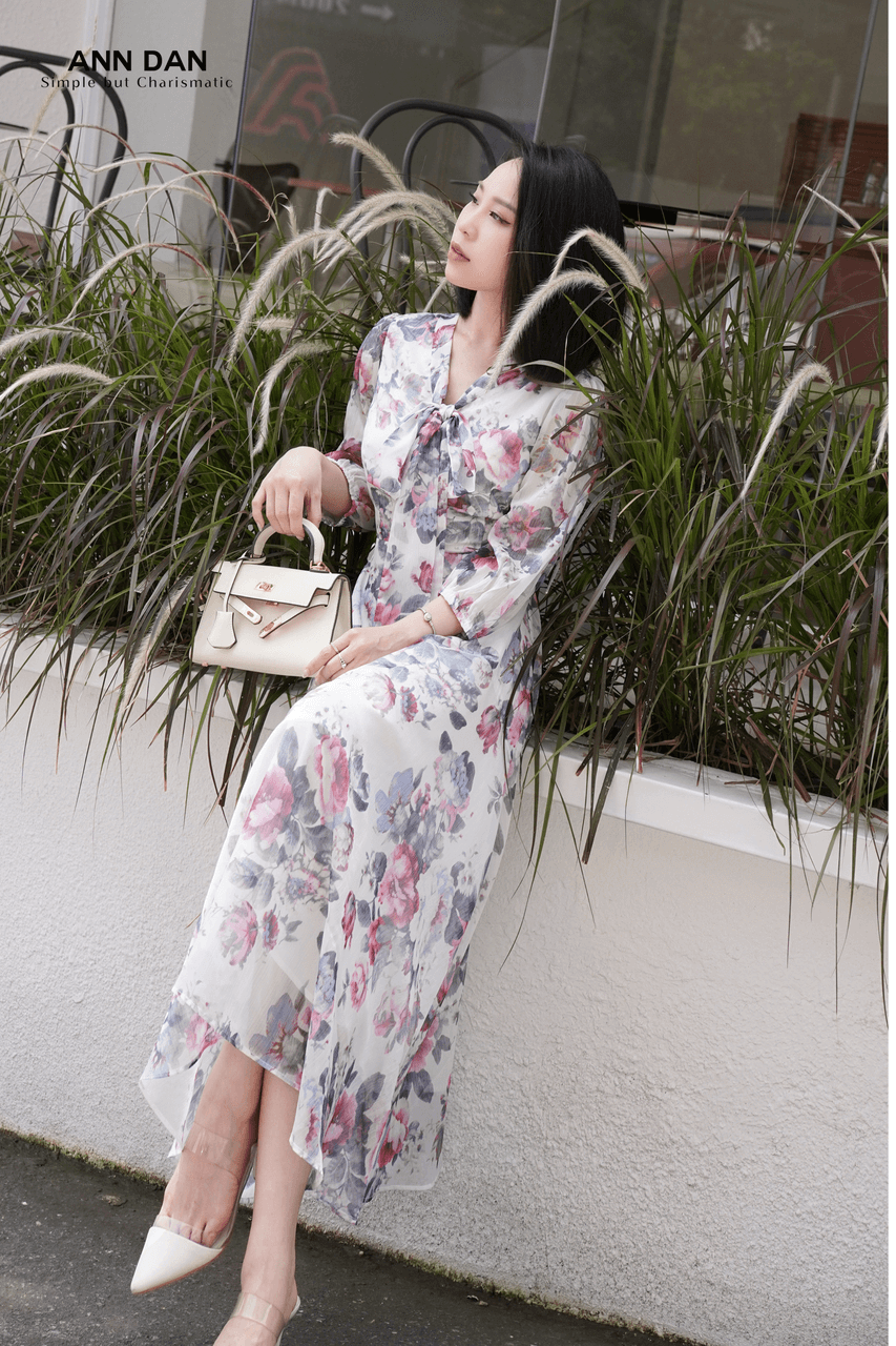 Đầm lụa tơ xước hoa xanh nơ cổ