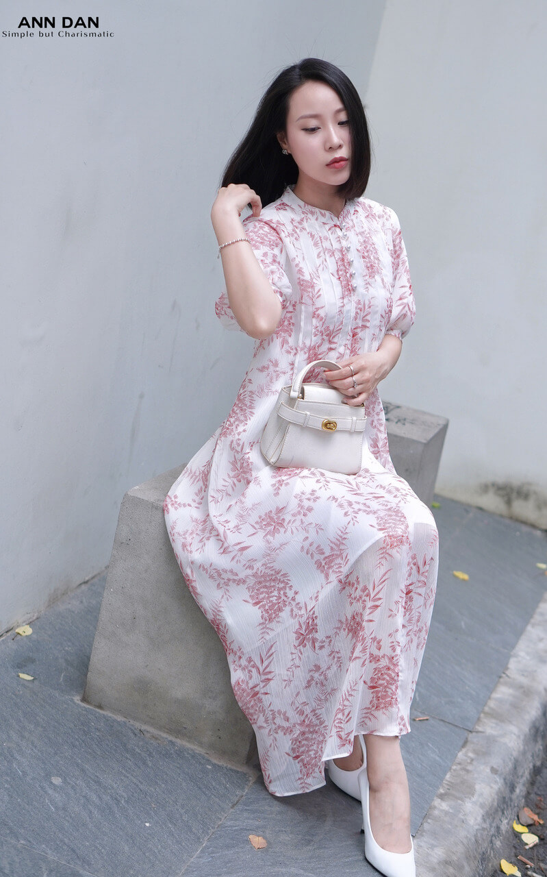 Đầm lụa tơ xước ly ngực hoạ tiết hồng cam