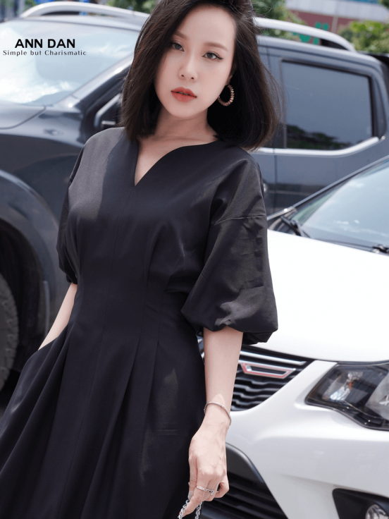 Đầm nhuyễn Hàn cổ V ly eo