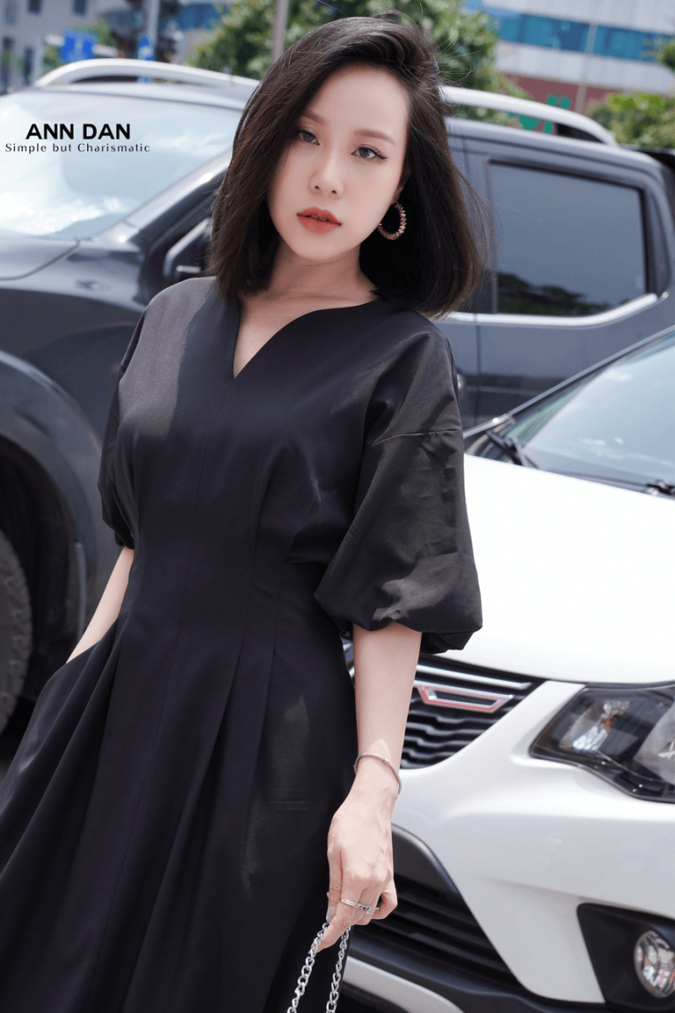 Đầm nhuyễn Hàn cổ V ly eo