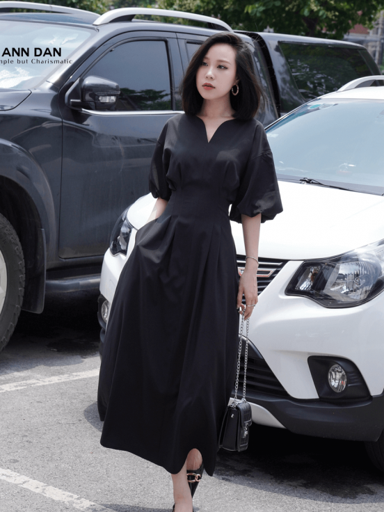 Đầm nhuyễn Hàn cổ V ly eo