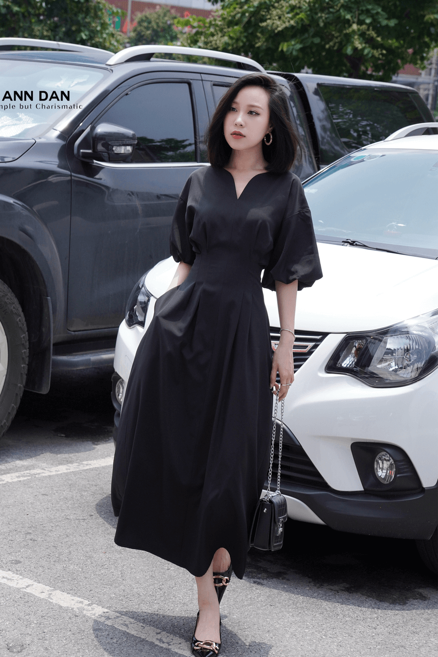 Đầm nhuyễn Hàn cổ V ly eo