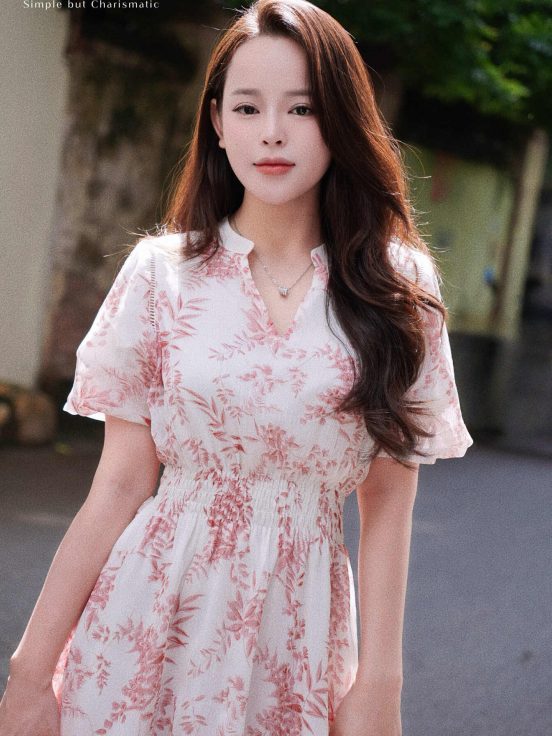 Đầm lụa tơ xước Nhật hồng cam chun eo