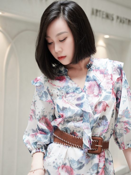Đầm lụa tơ xước hoa xanh bèo cổ