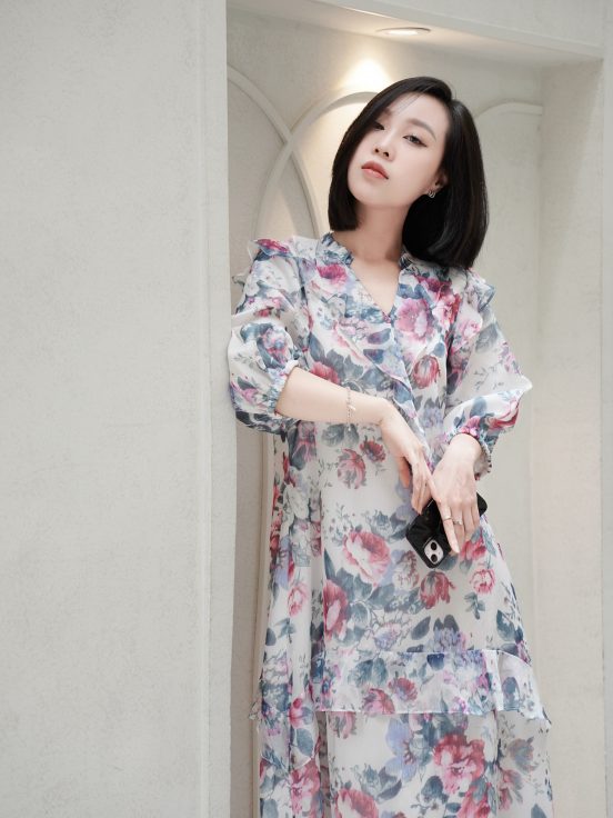 Đầm lụa tơ xước hoa xanh bèo cổ