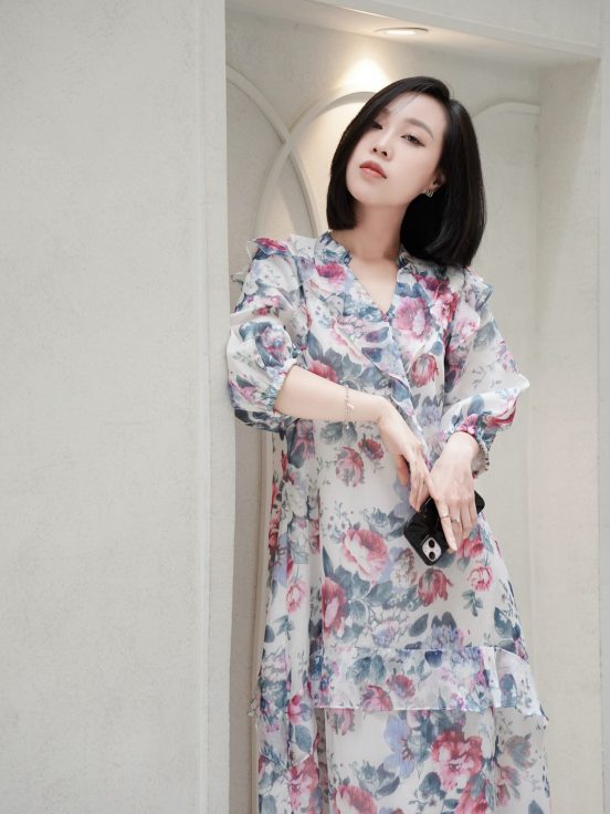 Đầm lụa tơ xước hoa xanh