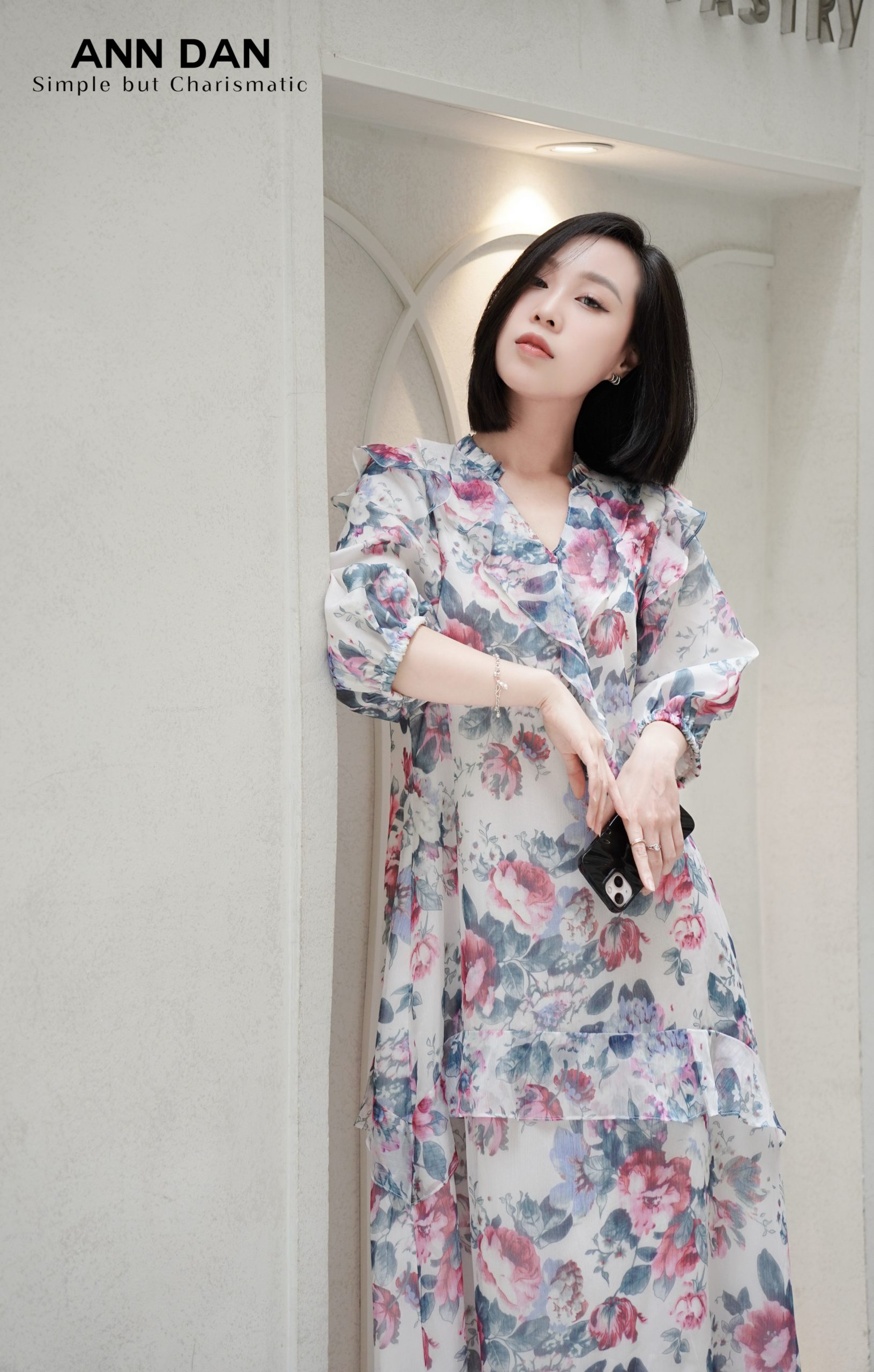 Đầm lụa tơ xước hoa xanh cổ bèo