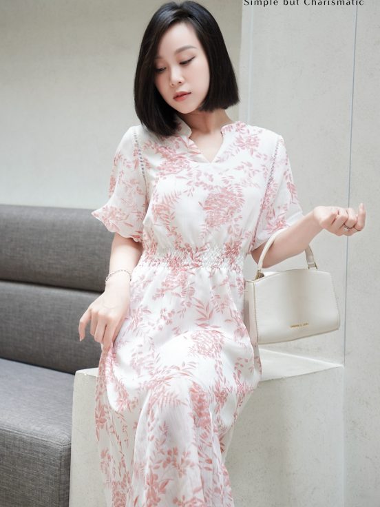 Đầm lụa tơ xước Nhật hồng cam chun eo