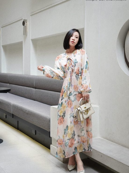 Đầm lụa tơ xước hoa phai nơ cổ