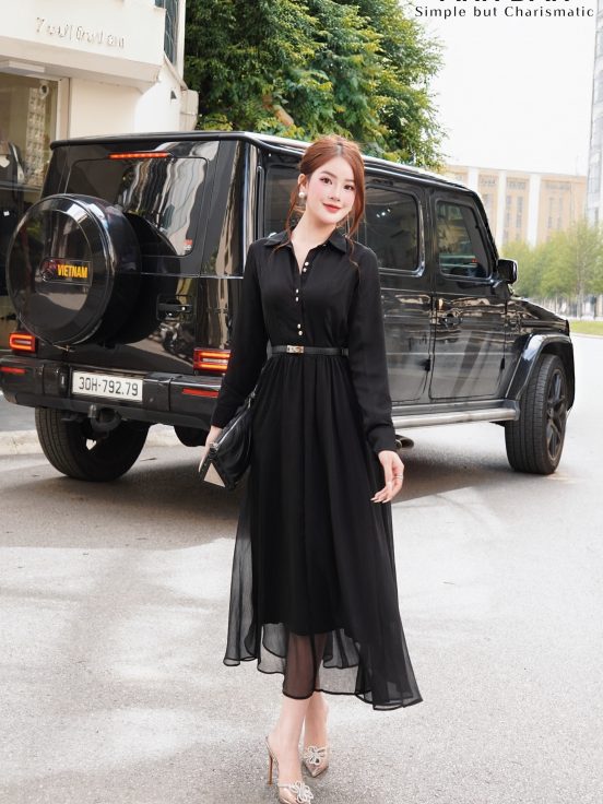 LỤA TƠ XƯỚC ĐEN CÚC BẠC KÈM ĐAI