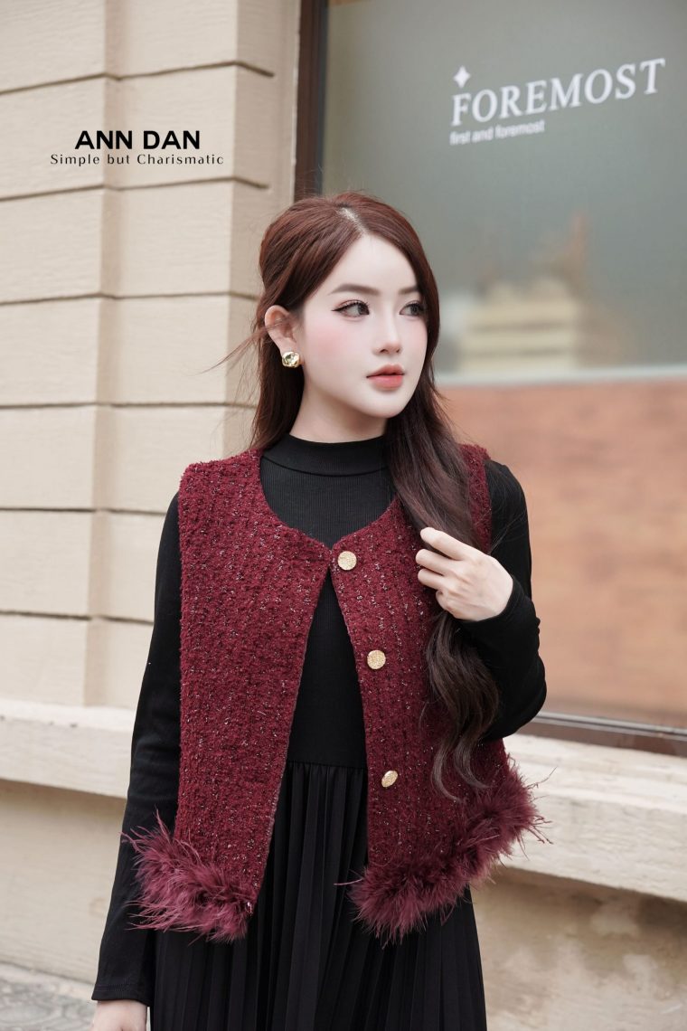 Set gile dạ viền lông - đỏ