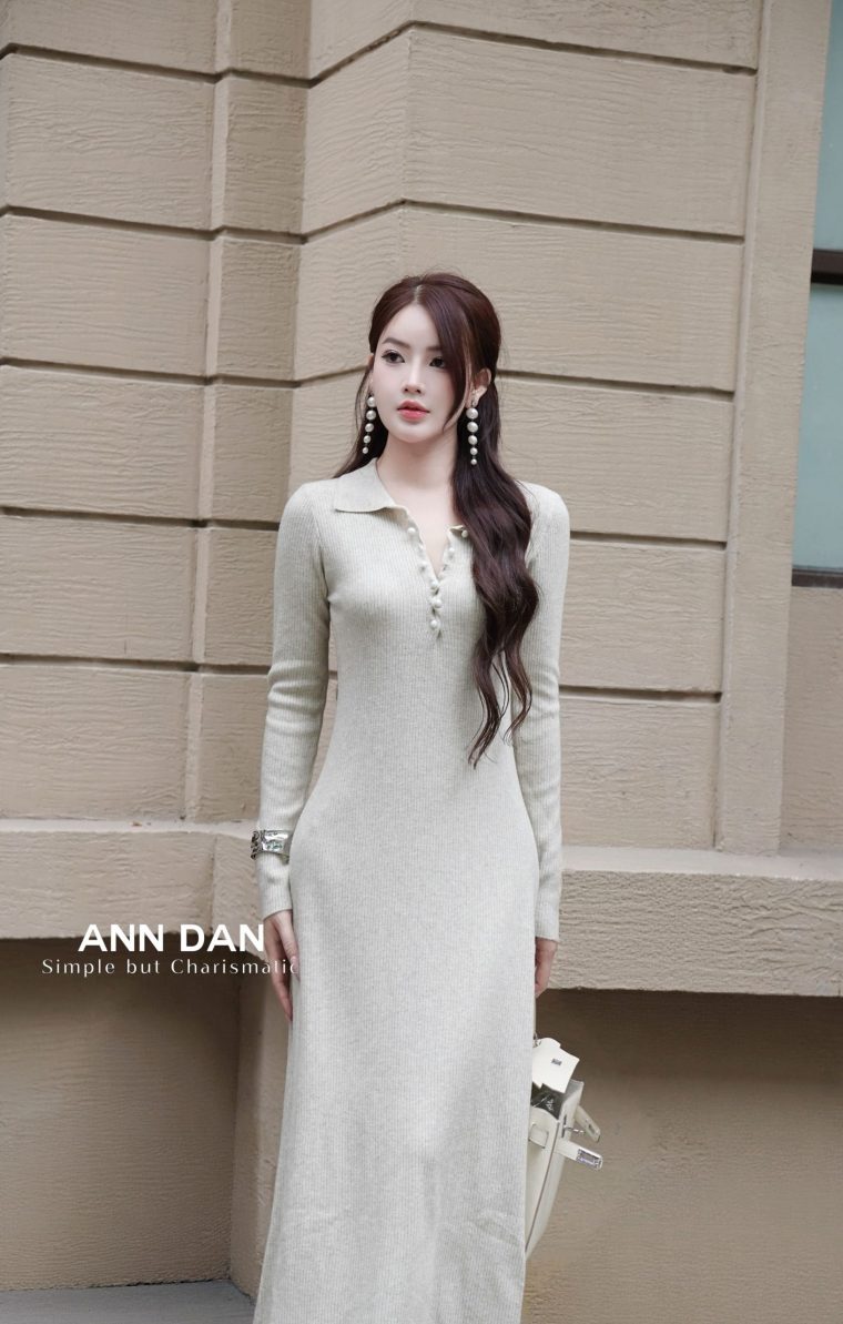 Váy len cổ bẻ cúc chéo