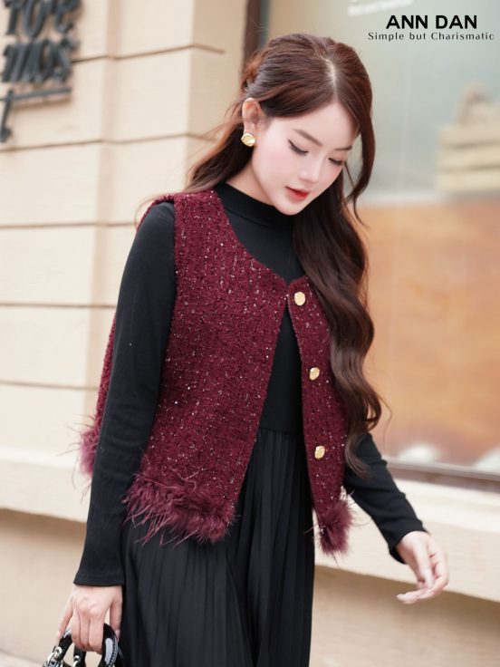 Set gile dạ viền lông - đỏ