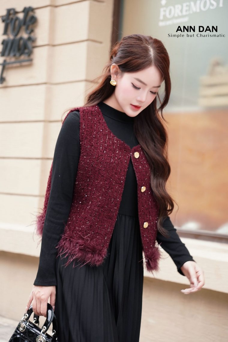 Set gile dạ viền lông - đỏ