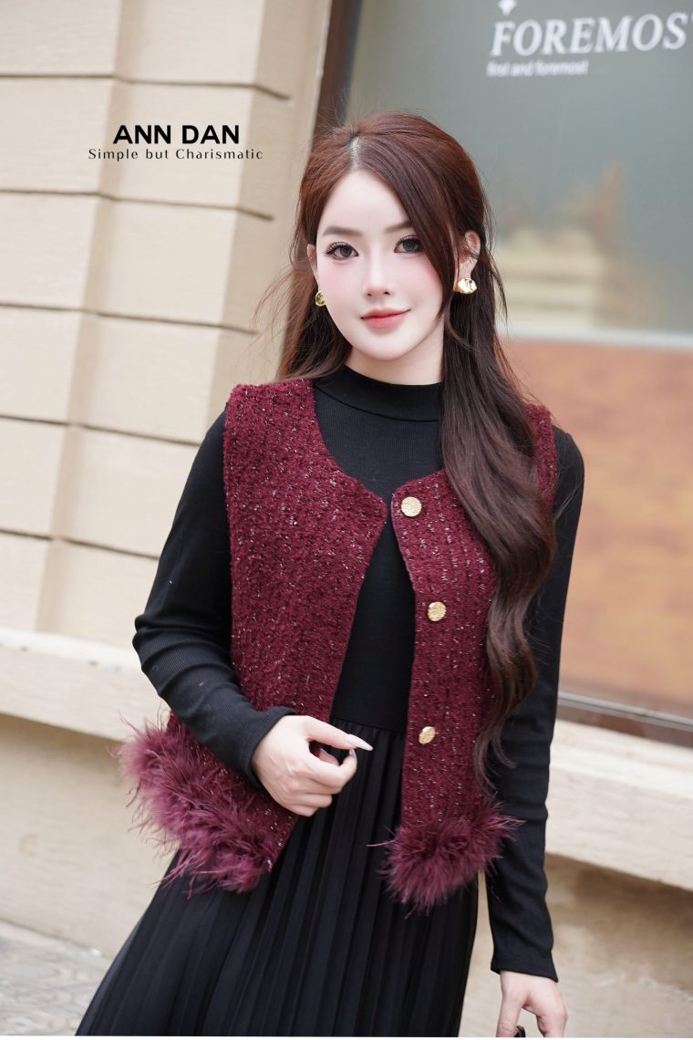 Set gile dạ viền lông - đỏ