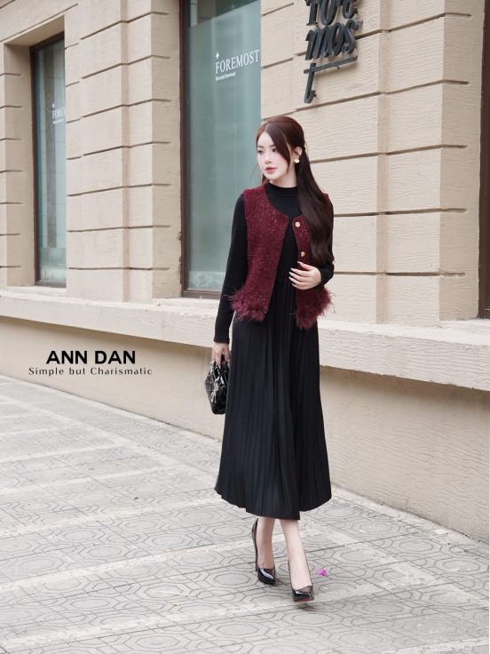 Set gile dạ viền lông - đỏ