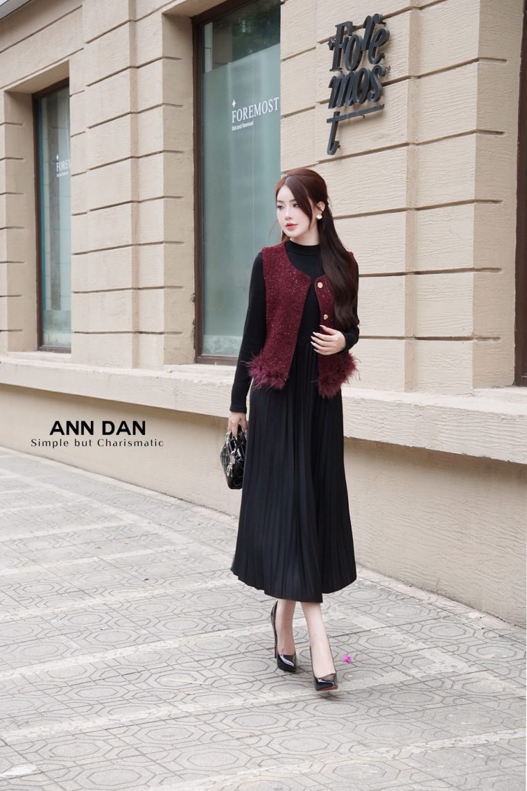 Set gile dạ viền lông - đỏ