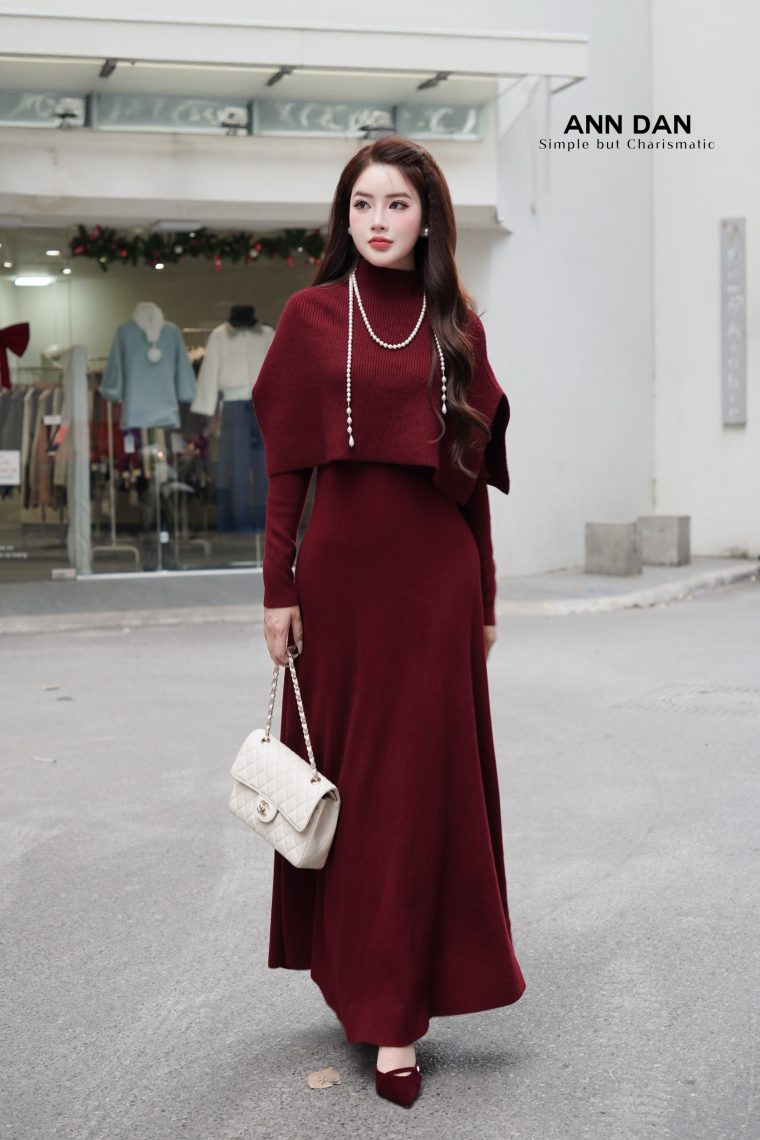 Set len choàng đầm dài đỏ