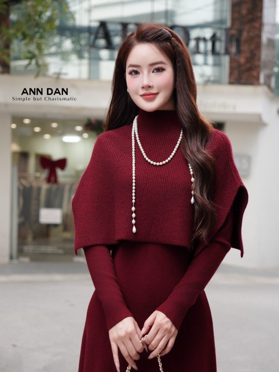 Set len choàng đầm dài đỏ