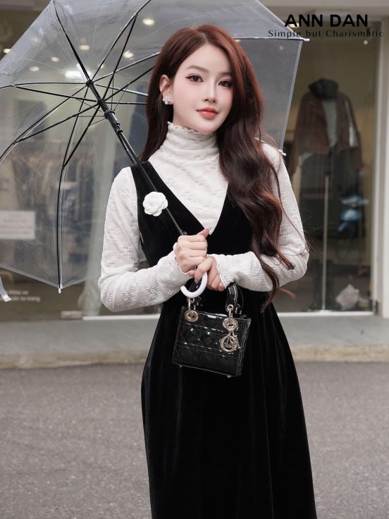 Đầm gile nhung kèm đai