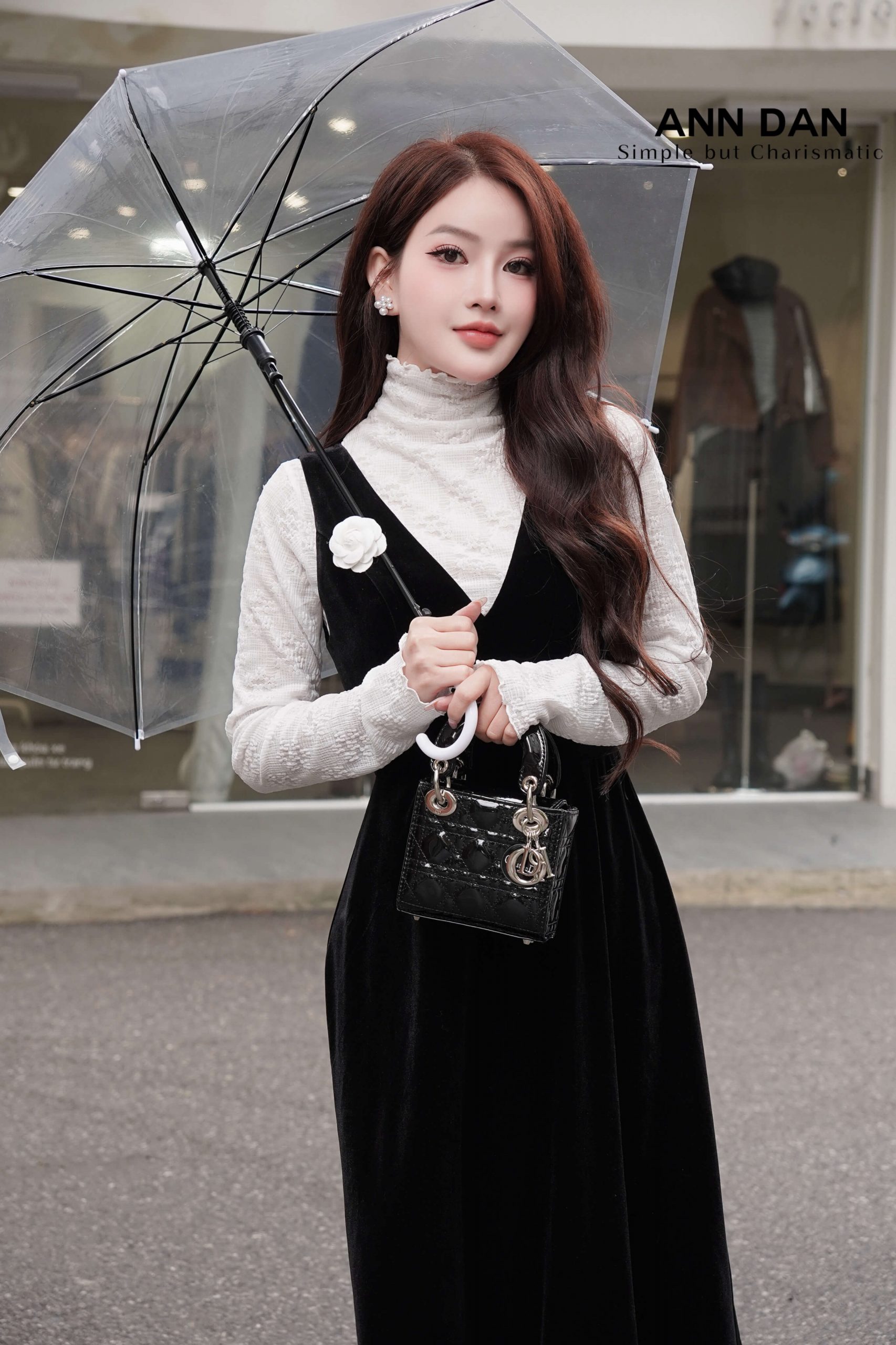 Đầm gile nhung kèm đai sợi ngọc trai_Đen