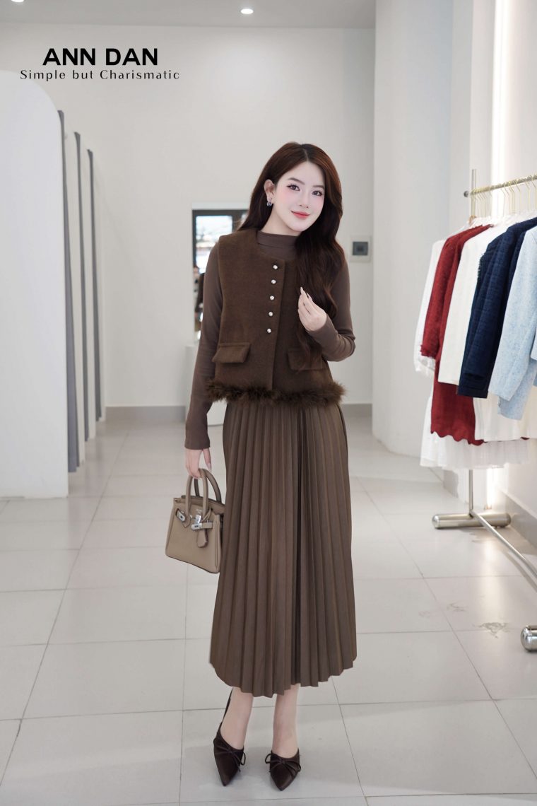 Set gile dạ viền lông túi