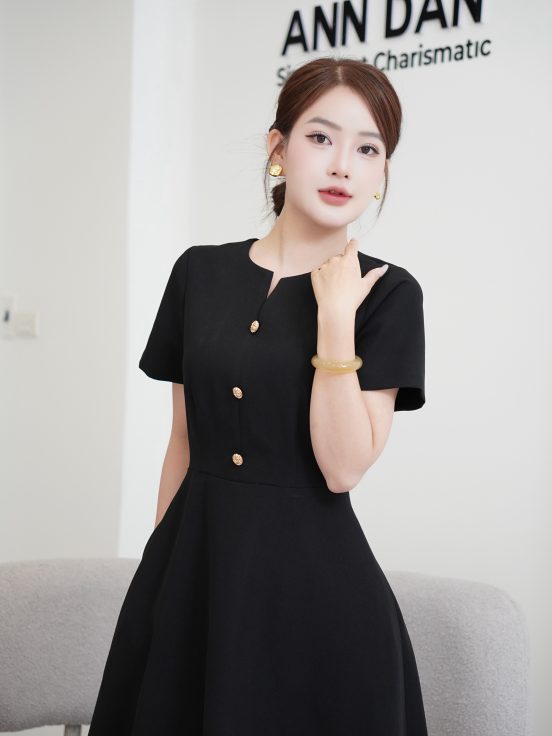 Đầm tuyết mưa cổ V cúc đồng – Đen 1