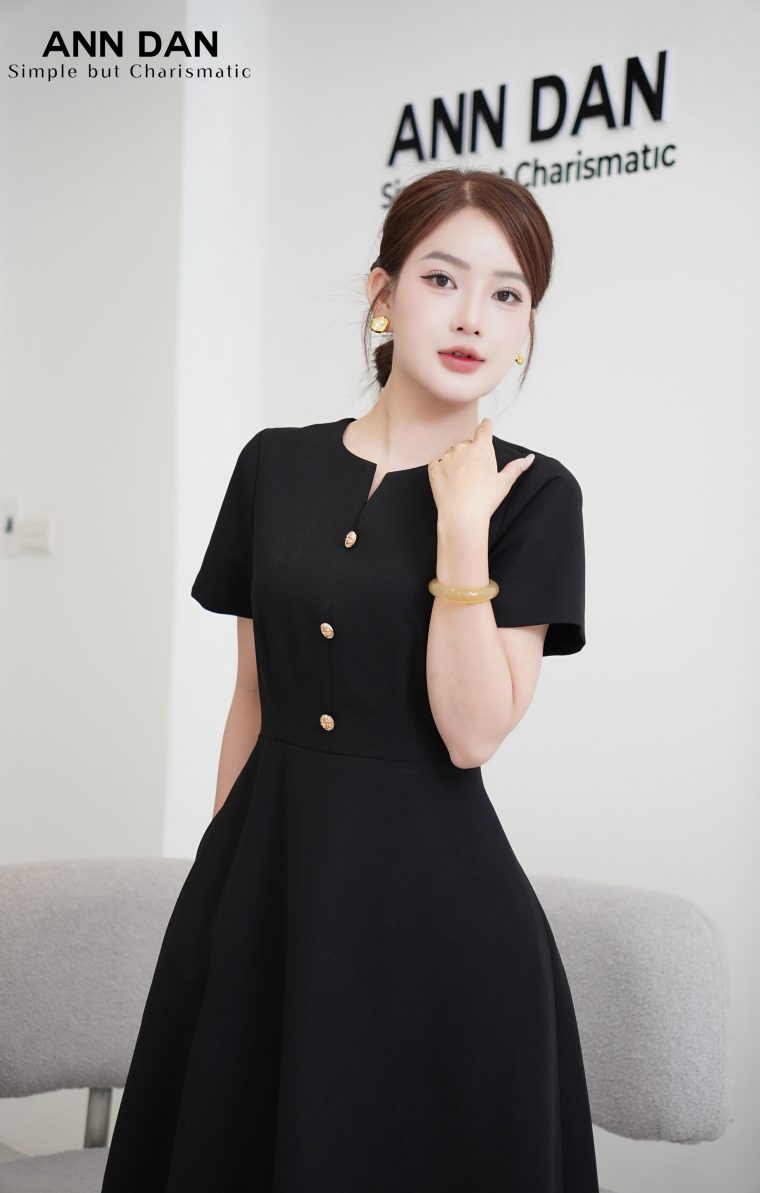 Đầm tuyết mưa cổ V cúc đồng – Đen 1