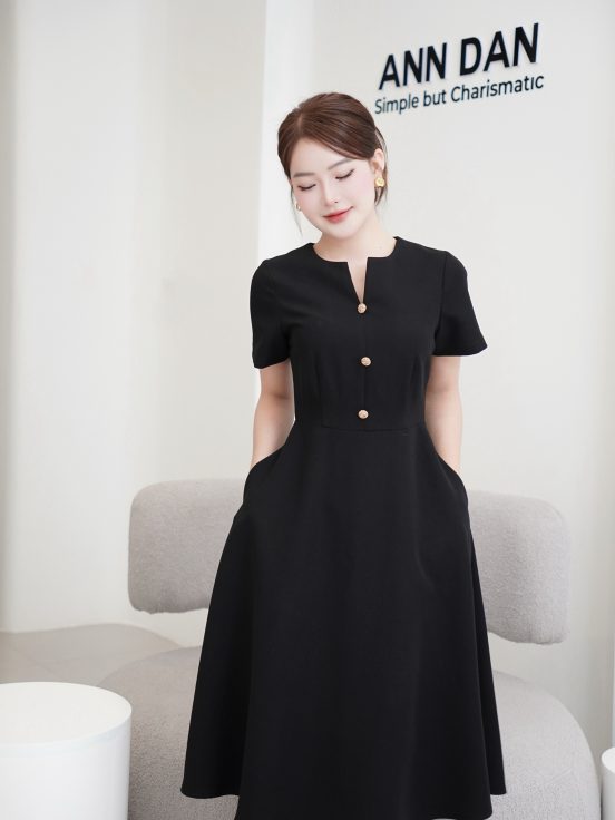 Đầm tuyết mưa cổ V cúc đồng – Đen q2