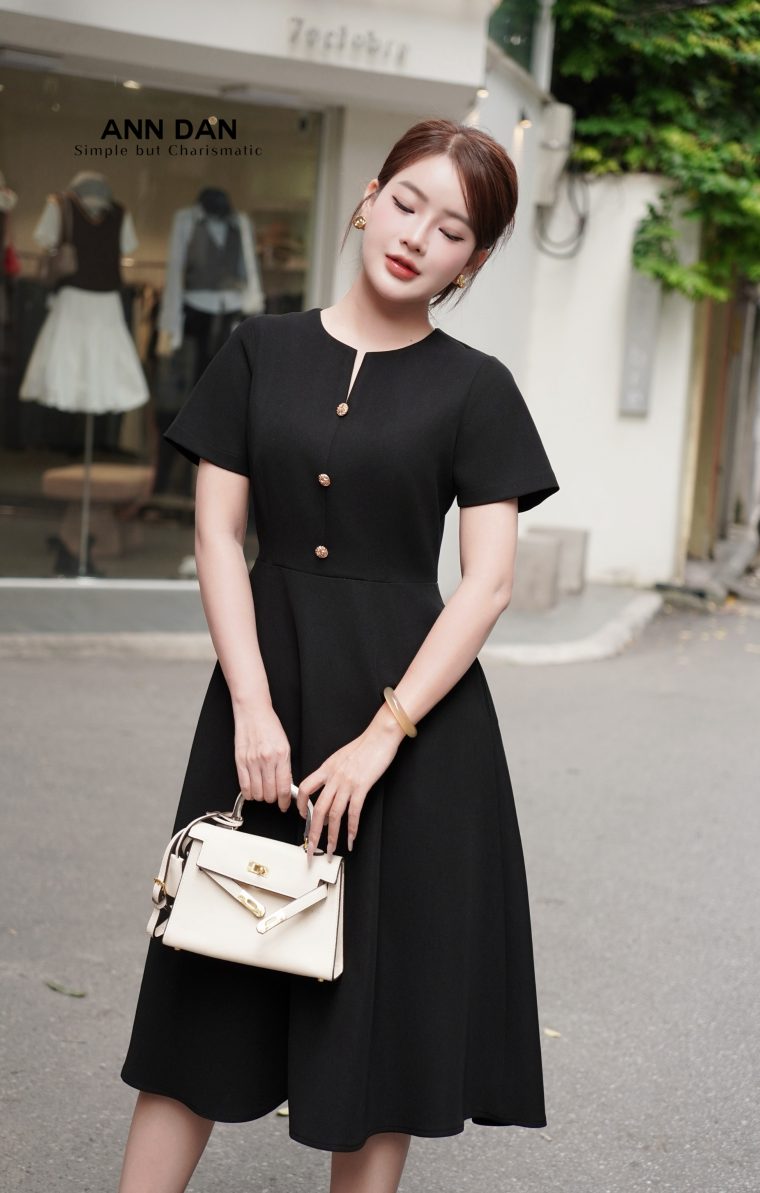 Đầm tuyết mưa cổ V cúc đồng – Đen ư3