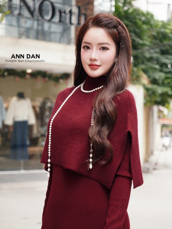 Set len choàng đầm dài đỏ