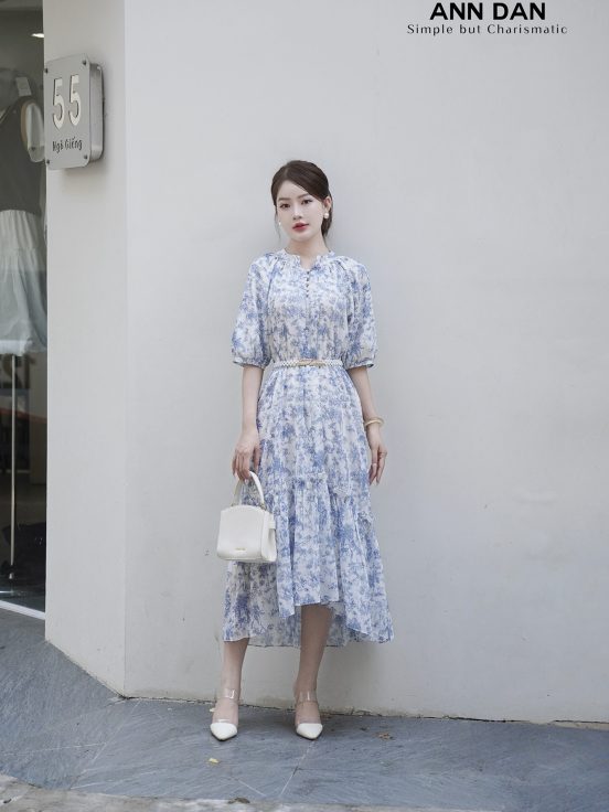 Đầm silk xanh cổ tàu đuôi cá ư2