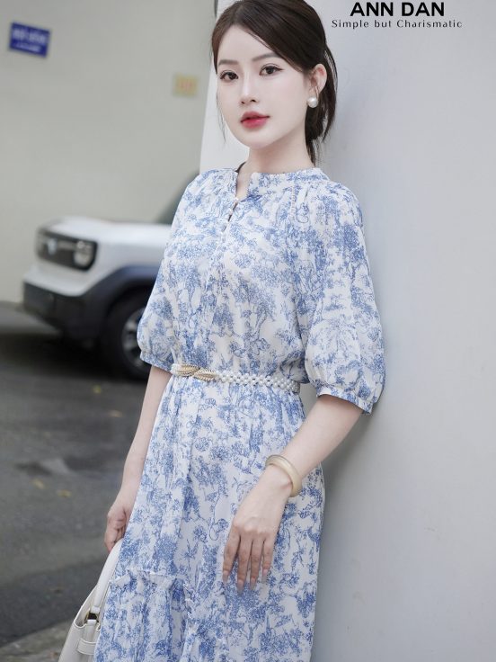 Đầm silk xanh cổ tàu đuôi cá 3