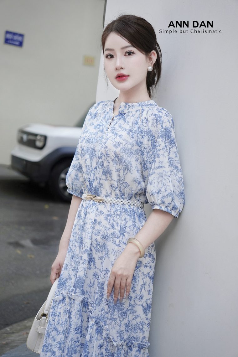 Đầm silk xanh cổ tàu đuôi cá 3