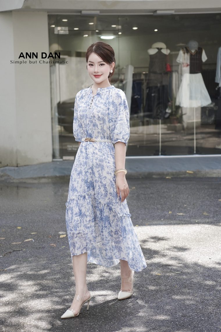 Đầm silk xanh cổ tàu đuôi cá 1