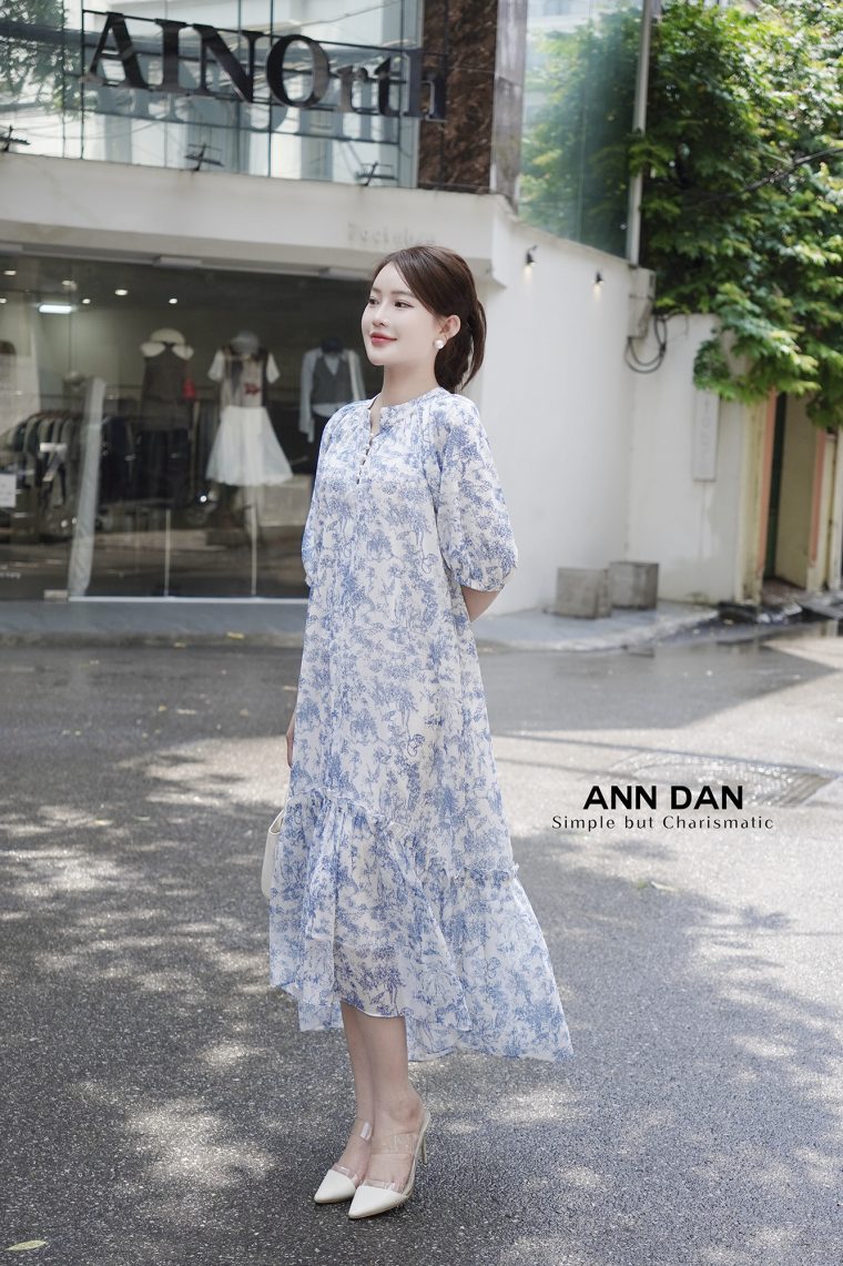 Đầm silk xanh cổ tàu đuôi cá 4