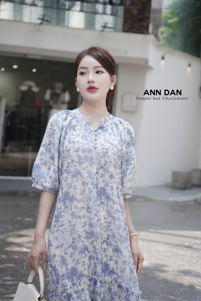 Đầm silk xanh cổ tàu đuôi cá 3