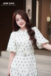 Đầm thô cotton cổ tàu họa tiết lá kèm đai 4