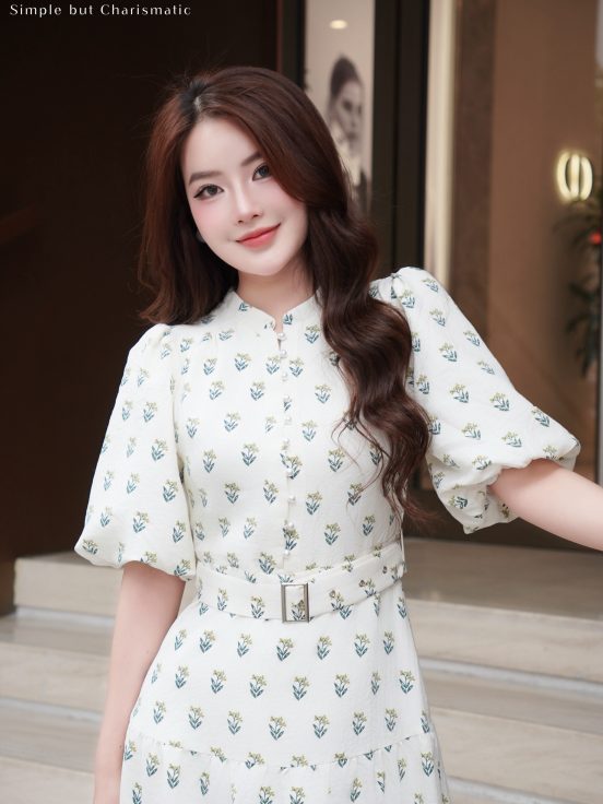 Đầm thô cotton cổ tàu họa tiết lá kèm đai 4