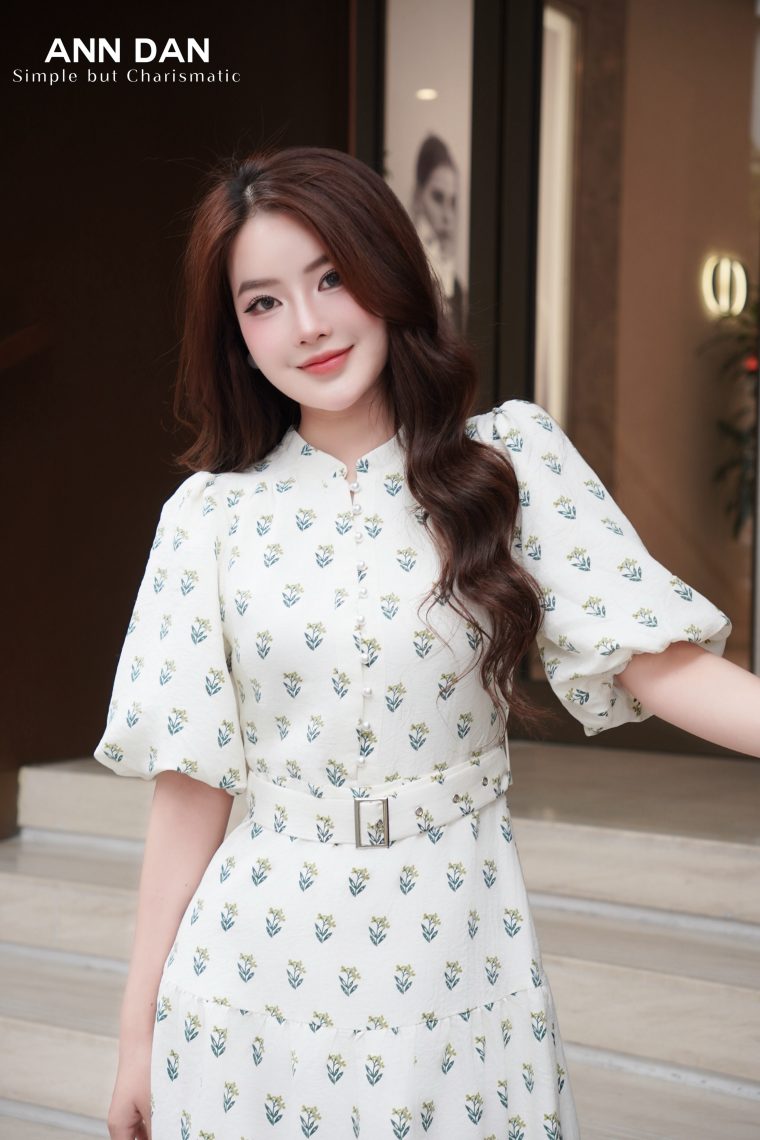 Đầm thô cotton cổ tàu họa tiết lá kèm đai 4