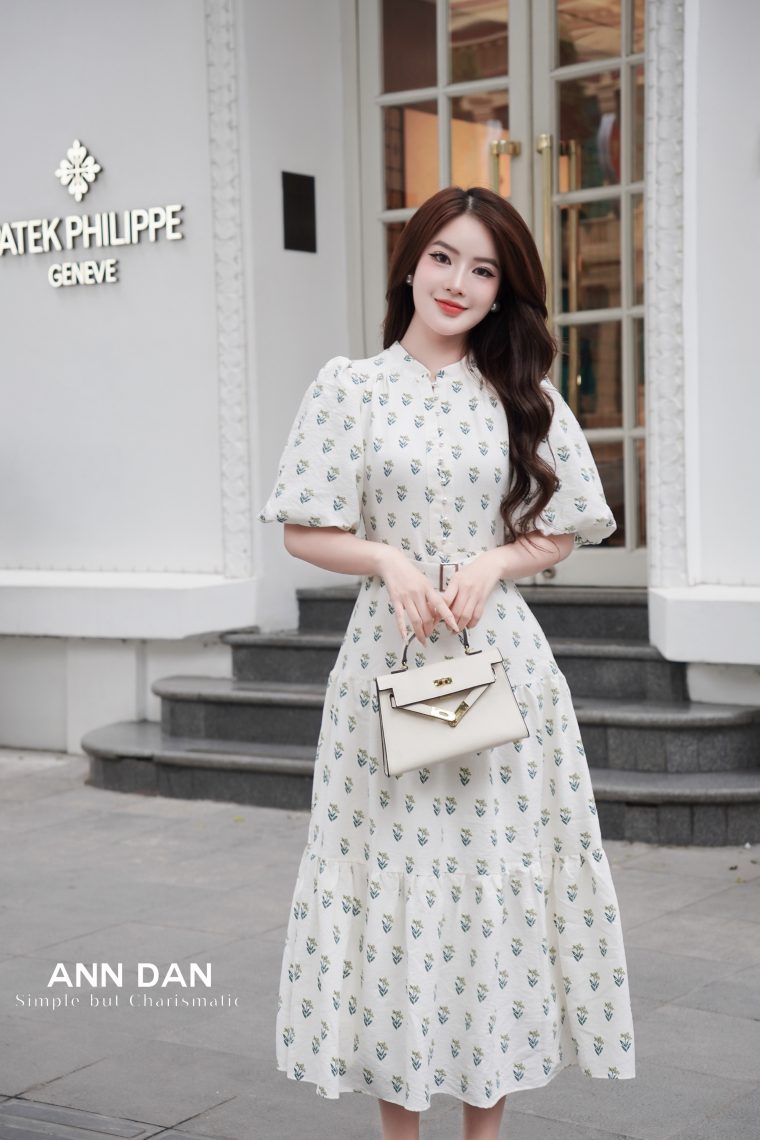 Đầm thô cotton cổ tàu họa tiết lá kèm đai