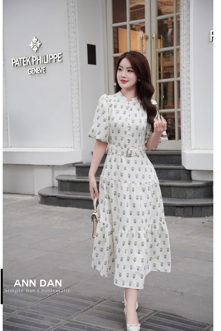 Đầm thô cotton cổ tàu họa tiết lá kèm đai 1