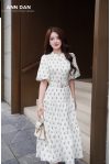 Đầm thô cotton cổ tàu họa tiết lá kèm đai 2
