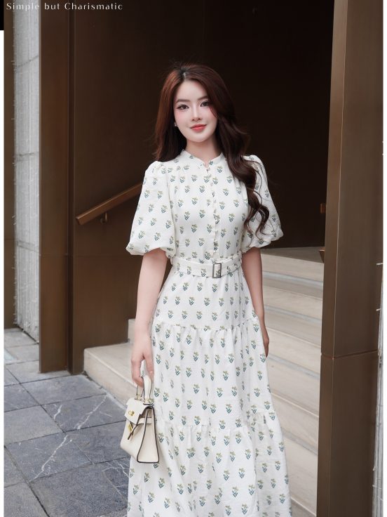 Đầm thô cotton cổ tàu họa tiết lá kèm đai 2