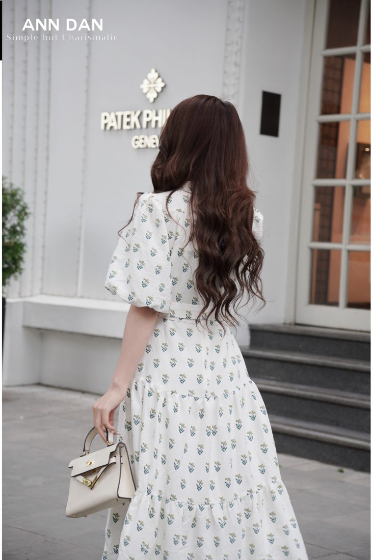 Đầm thô cotton cổ tàu họa tiết lá kèm đai 32