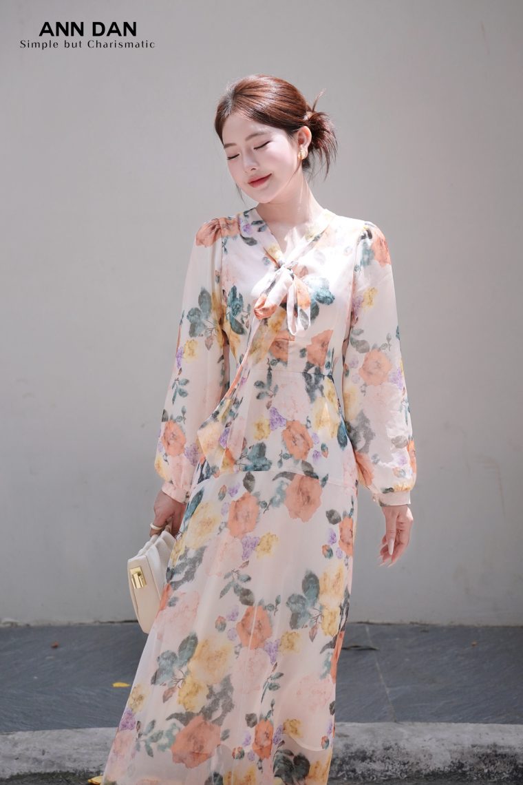 Đầm lụa tơ xước hoa phai nơ cổ 4